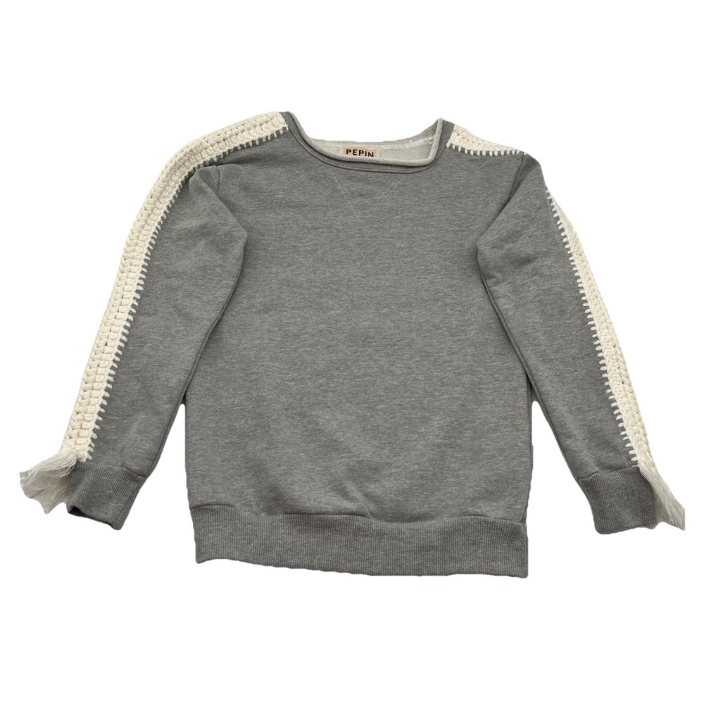 Pepin Sweatshirt Womens XS Grey‎ White Crochet Sleeves Casual Boho Fringe